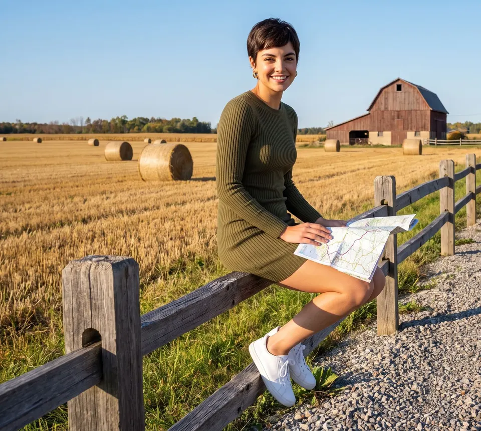 A young woman with a dark pixie cut, in an olive-green knit mini dress and white sneakers, sits on a split-rail fence beside a gravel road with a road map on her knee; harvested fields, hay bales and a red barn behind her.
